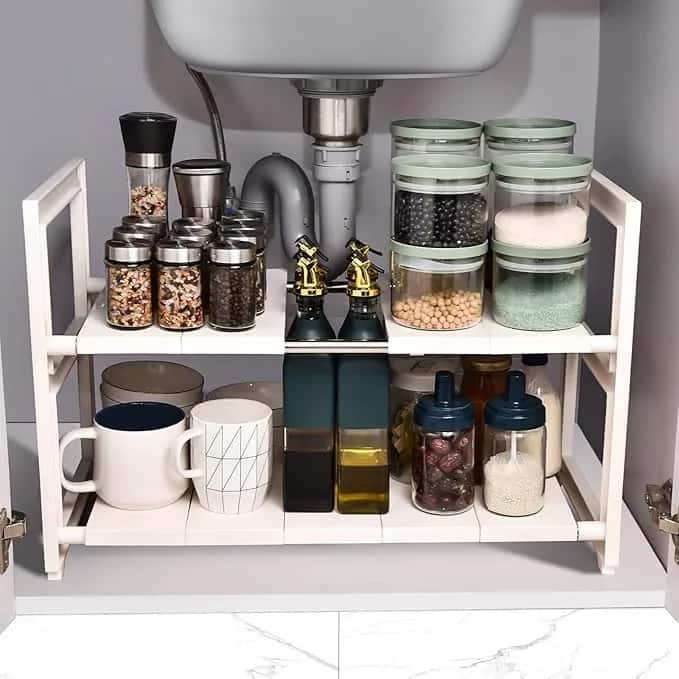 Thumbnail for Étagère de rangement sous évier, extensible et réglable, pour la cuisine et la salle de bain